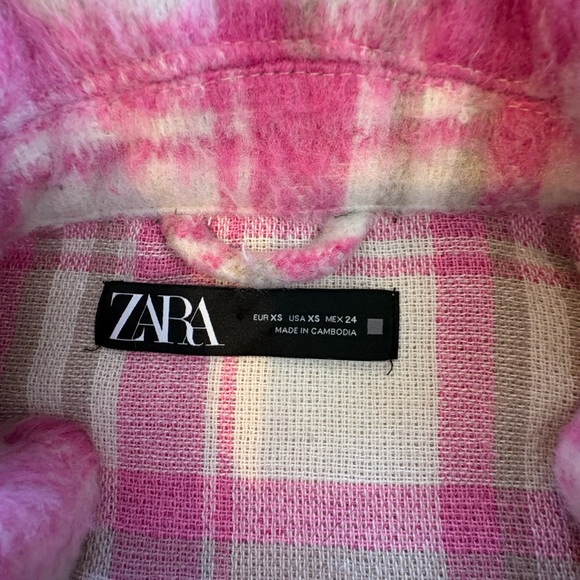Zara Pink Ivory Plaid Cropped Shacket Oversized Trucker Jacket XS - Picture 5 of 10